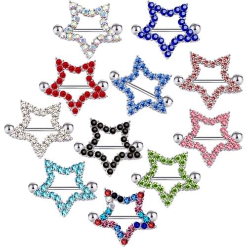 2PCS 11 Colors Punk Crystal Love Star Nipple Bar Rings Nipple Shield Nipple Ring Barbell Body Piercing Jewelry for Women