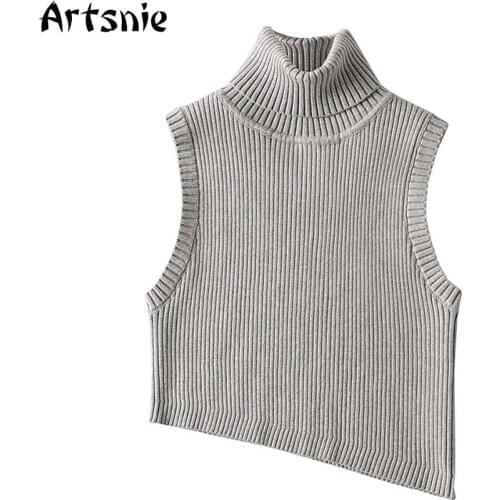 Artsnie Spring Gray Turtleneck Sweater Vest Women Knitted Arsymetrical Gray Pull Femme Streetwear Casual Slim Crop Sweater Vest