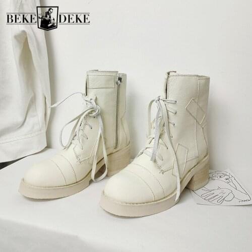 Brand White Military Boots Women England Style Thick Heel Motorcycle Ankle Boots Winter Lace Up Snow Boots Zapatos De Mujer