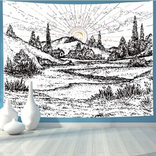 Black and White Mountains Sun Tapestry Sketched Forest Trees Wall Hanging for Living Room