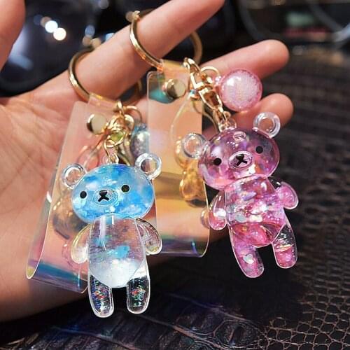 Playful Cute Girl Creative Quicksand Sequin Bear Women Fashion Fine Key Ring Leather Rope Chain Pendant Gift Couples Accessories