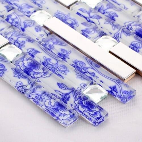 Chinese Style Strip Blue Flower Stainless Metal silver Glass Mosaic Tile, Kitchen bathroom Fireplace Wall Tile