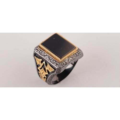 UM US JEWELRY Gold Plated Black Ancl Authentic Embroidered 925 Sterling Silver Ring
