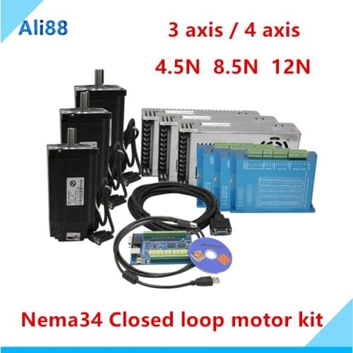 Nema 34 Closed Loop Motor Kit:Motor 4.5N 8.5N 12N+Hybrid Servo Driver HBS860H+400W 60V DC Power Supply+USB MACH3 Interface board