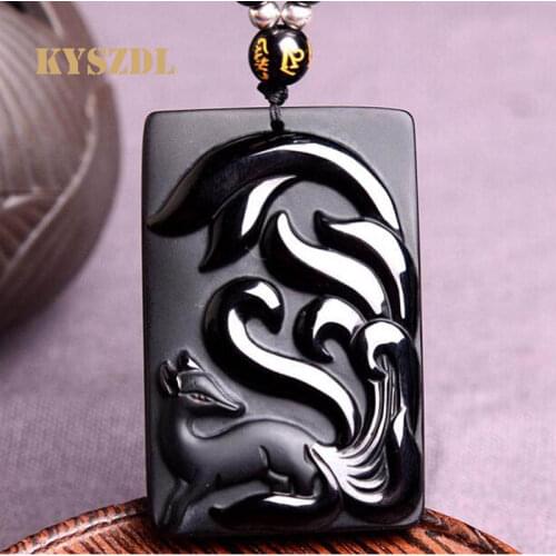 KYSZDL Natural Obsidian nine tail fox Zhaocai Pendant Jewelry Gif Attract the opposite sex Necklace Pendant Box