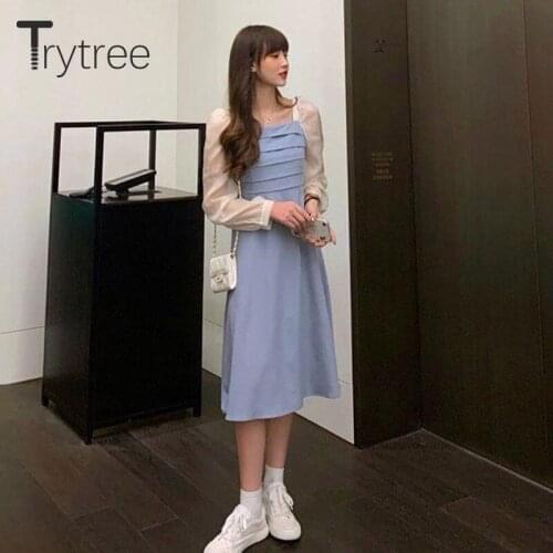 Trytree 2021 Summer Autumn Womens Dress Prom Casual Full Sleeve Mid-Calf Vintage Office Lady Wedding Dresses for Girls Sundress
