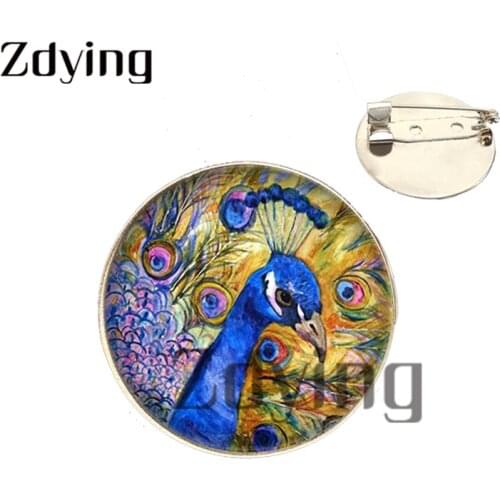 Zdying Fashion Bird Peacock Flowers Brooch 25mm Glass Photo Cabochon Badge Brooches For Backpack Clothes Accessories FN010