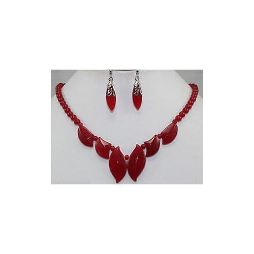 New red Natural JADE necklace 18 ", earrings SET