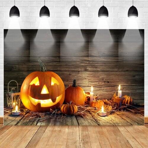 Celebration Halloween Photography Backdrop Pumpkin Lantern Ghost Demon Background Candle Wooden Floor Backdrop for Studio Prop