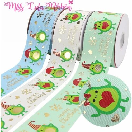3 "75mm Christmas series golden avocado gold foil printing white green blue ribbon DIY gift accessories 50 yards / roll