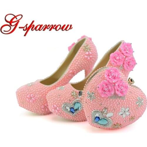 2018 Handmade Diamond Pink Pearl High Heel Wedding Shoes with Heart Purse Adult Ceremony Party Ball Shoes with Matching Bag