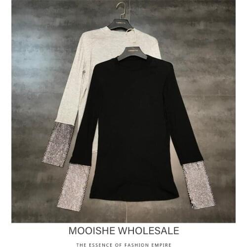 Mooishe Spring Women T Shirt Long Sleeve Patchwork Full Diamond Black Gray Tops Tee Shirt