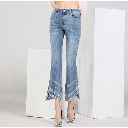 FERZIGE New Skinny Trousers Beautiful Embroidery High Waist Jeans Women Streetwear Casual Tassel Flare Pants Female Plus Size 36