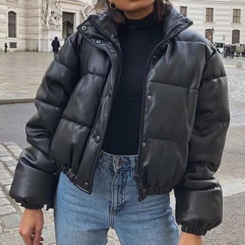 Women Fashion Stand Collar Black PU Leather Coats 2021 Winter Thick Warm Short Parkas Elegant Zipper Cotton Jackets Female Coat