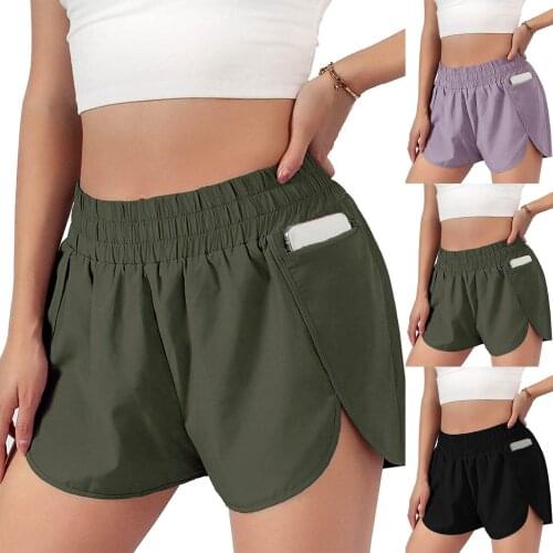 Women Solid Running Shorts Sport Elastic Waist Active Workout Pocket Shorts Color Bottom Pantalon Corto Mujer