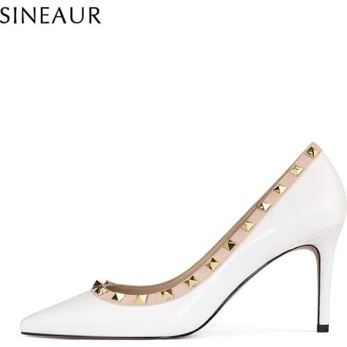 SINEAUR Women Shoes 2021 Designer Punk Rivets Super High-Heel Sexy Fashion Thin Heels Pointed Toe Pumps Plus Size 35-45