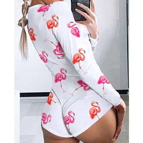 Women Jumpsuit Pajamas Sexy Deep V Neck Long Sleeve Bodysuit Bodycon Stretch Printed Button Short Romper Ladies