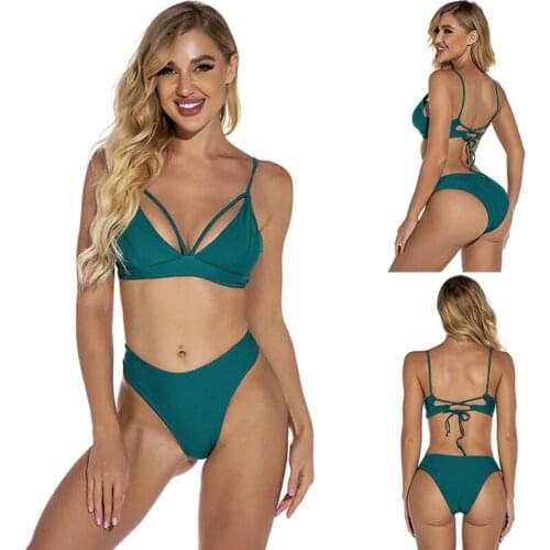 Women Sexy Lace Split Swimsuit Pure Color Bikini Dark Green