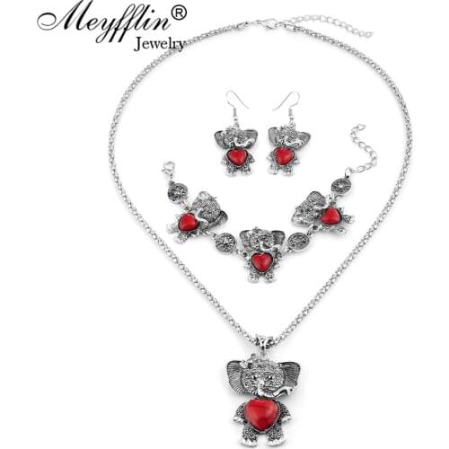Meyfflin Vintage Necklaces Bracelet Earrings Set For Women Fashion Antique Silver Elephant Charm Jewelry Sets Wedding Party