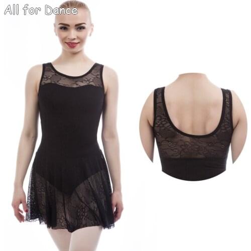Female Tank Sleeves Ballet Dance Skirted Leotard One-piece Dress For Women Lace Skirt Dance Practice C