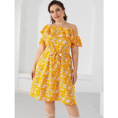 Plus Size Summer Dress Woman 2021 Fashion One Shoulder Floral Print Ruffles Midi Dress Belted Large Size Holiday Beach Dresses