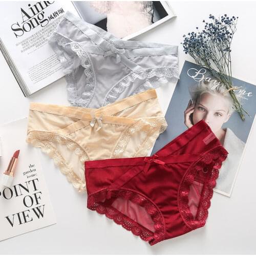 2Pcs/set Women Sexy Lace Panties Seamless Solid Panti Low-waist Underwear Ultra-thin Transparent Lingerie Mesh Bow Briefs M-XL