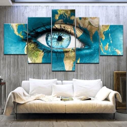 5 Panel/pieces HD Print A Blue eyes in map colored drawing Print On Canvas Art Painting For home living room decoration