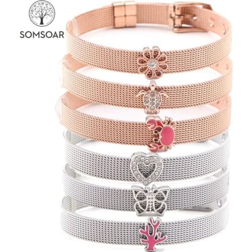 Somsoar Jewelry Silvering and Rose Gold DIY Slide Charms Stainless Steel Mesh Bracelet Bangles for Valentines Day Gift