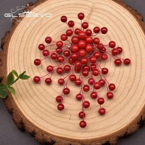 GLSEEVO Natural Coral Round Bead Brooch Woman Branch Shape Noble Boutique Brooch Wedding Birthday Party Jewelry GO0393