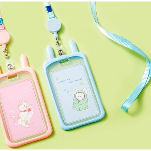 Animal Ear Style Staff Work Card Holder with Lanyard ID Name Badge Holders Girls Female Employees Bank Credit Card Cover Case