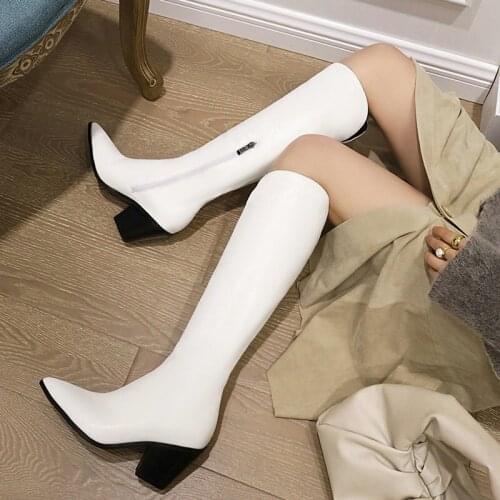 Black Wgite Brown Women Knee High Boots Fashion Wedges High Heel Long Boots Pointed Toe Autumn Winter Ladies Shoes