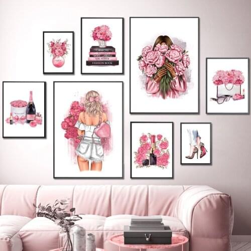 Flower Perfume Champagne Lipstick Heels Fashion Makeup Art Canvas Painting Nordic Posters And Prints Wall Pictures Bedroom Decor
