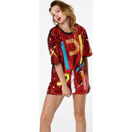 Women Sequin T shirts Letters Printed Metal Shine O-neck Loose Letters Garphic Tees Spring Club Tshirts Woman Summer Tops