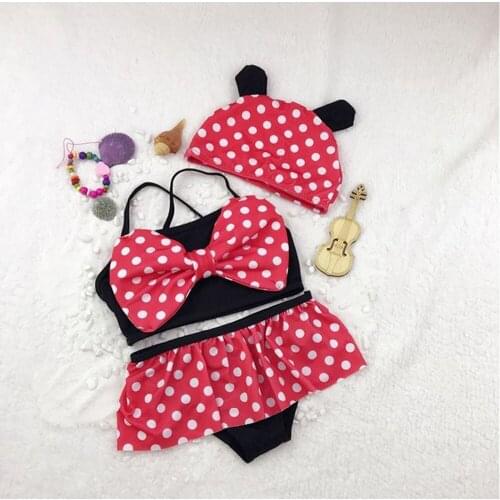 Fashion Toddler Baby Girls Swimwear Suit Children Princess Lovely Wave Dot Striped Bikini Swimsuit +Cap Kids Casual Beachwear