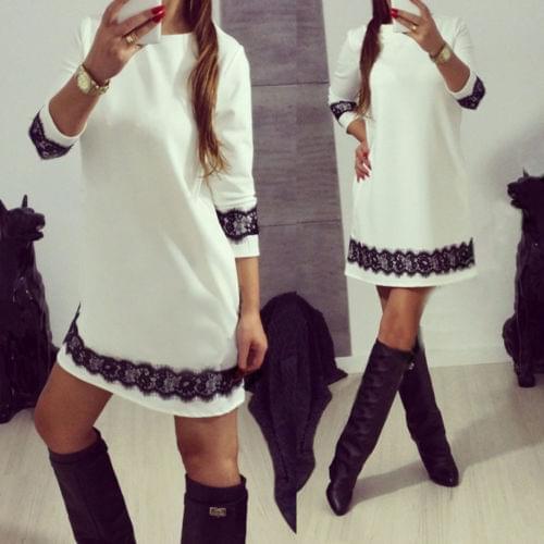 Fashion Ladies Women Long Sleeve Lace Patchwork Dress Loose Tunic Mini Dresses Vestidos