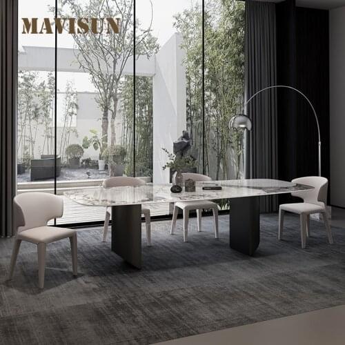 Dining Table Chair Italian Luxury Rock Slab Modern Morocco Marble Stainless Steel Feet Rectangular Dining Room Furniture
