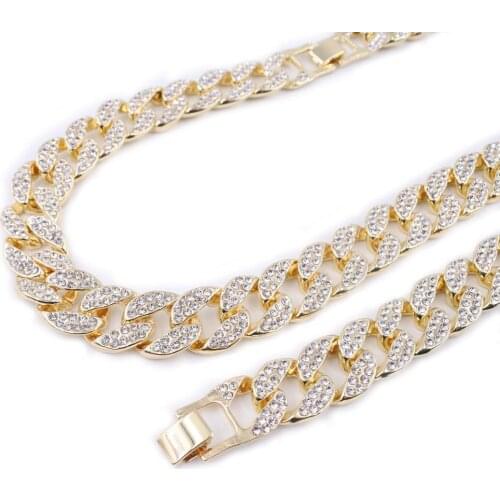 Mens hip hop necklace 16mm miami cuban link chain iced out bling women jewelry rapper dancer rock crystal gold silver color