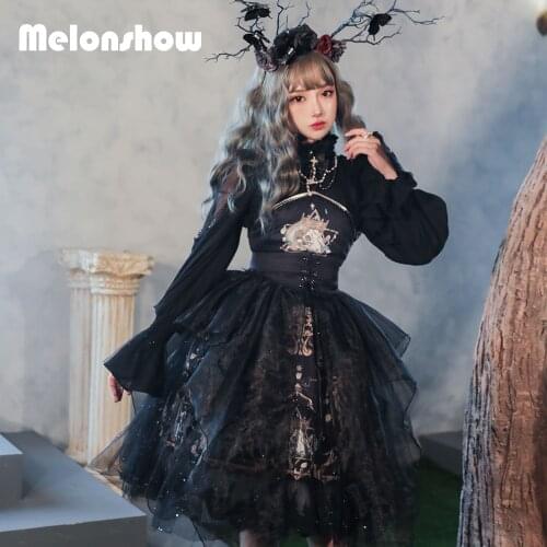 Melonshow Gothic Lolita Dress Black Plus Size Victorian Dresses Women Kawaii Clothes Goth Lolita JSK Blouse Black White Princess