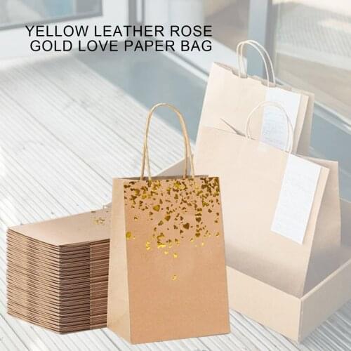 10pcs Gift Bag Kraft Paper Bag With Handle Recyclable Yellow Leather Love Handbag Birthday Wedding Christmas Celebration