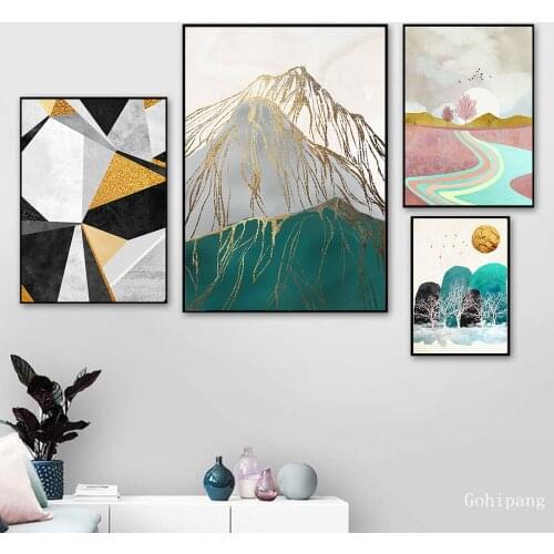 Golden Line Mountain Poster Modern Landscape Geometry Painting on The Wall Decor for Home Waterproof Canvas Material Unframe