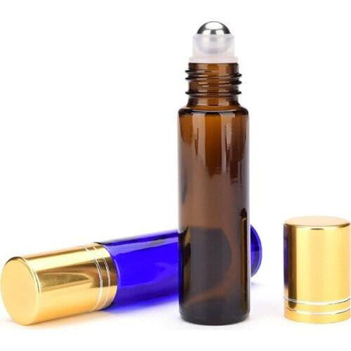 100 X 10ml Clear Amber/Blue Glass Roll On Bottle With Big Steel Ball For Essential Oil Perfume Jars Metal Gold & Black Lids