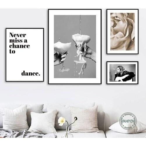 Collision of Champagne Glasses Poster and Print Nordic Beige Flower Smoking Guitarist Dance Quotes Wall Art Canvas Painting