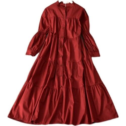 All-match temperament pure color simple dress autumn Korean fashion long-sleeved thin breasted long skirt female