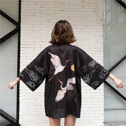 Japanese Yukata Kimono Summer 2019 Top Japan Red-Crowned Crane Haori Kimono Japones Harajuku Kimono Boho Yukata Women FF2064