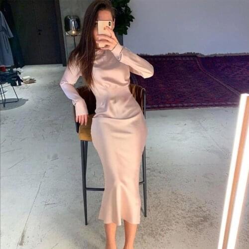 Women Sexy Satin Solid Color Midi Dress A Line O-neck Ruffles Party Dress Sexy Streetwear Elegant Hole Long Sleeve Vintage Dress
