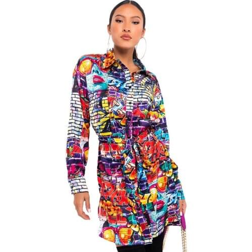 RMSFE 2021 Ladies Long Sleeve Lapel Print Vintage Single Breasted Temperament Commuter Neckline Sunscreen Dress
