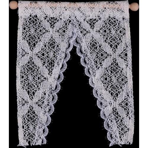 1/12 Dollhouse Miniature Lace Curtain/Drape with Wooden Rod Rail Doll House Windows Decoration Toys Dolls Accessories White