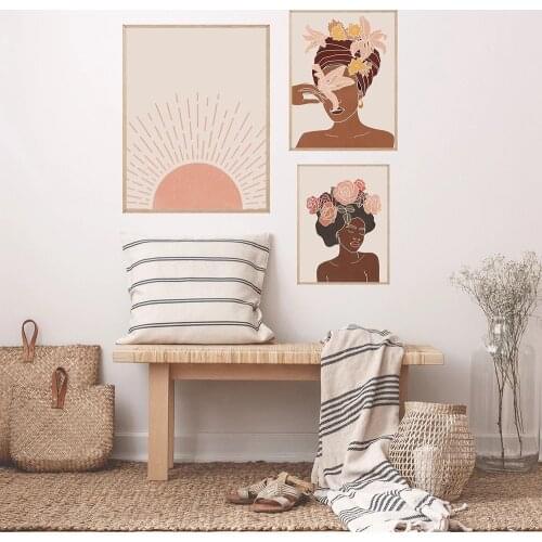 African American Woman Art Mid Century Print Neutral Colors Poster Canvas Painting Flower Hands Line Wall Pictures Living Room