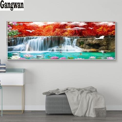 Diy diamond painting waterfall swan koi fish 5d diamant embroidery mosaic Handmade lotus tree natural landscape large decoration