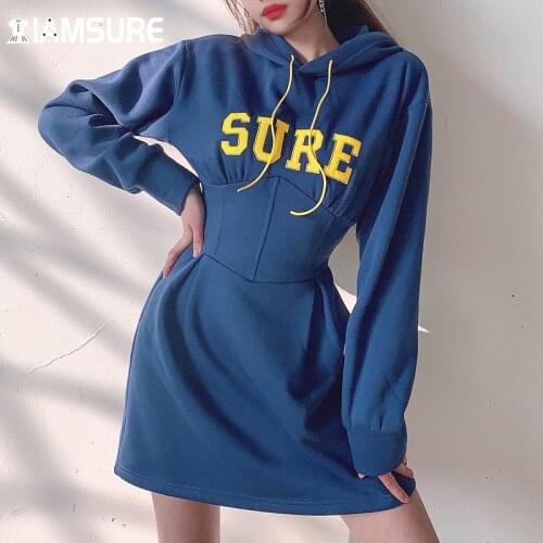 IAMSURE Embroidery Bandage Track Dress Streetwear Winter Warm Thick Hooded Long Sleeve A-Line Mini Dresses For Women 2021 Korean